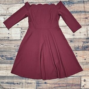 MissMay Wine Red Scalloped Knee Length Stretchy Fit Flare Dress Woman's Large
